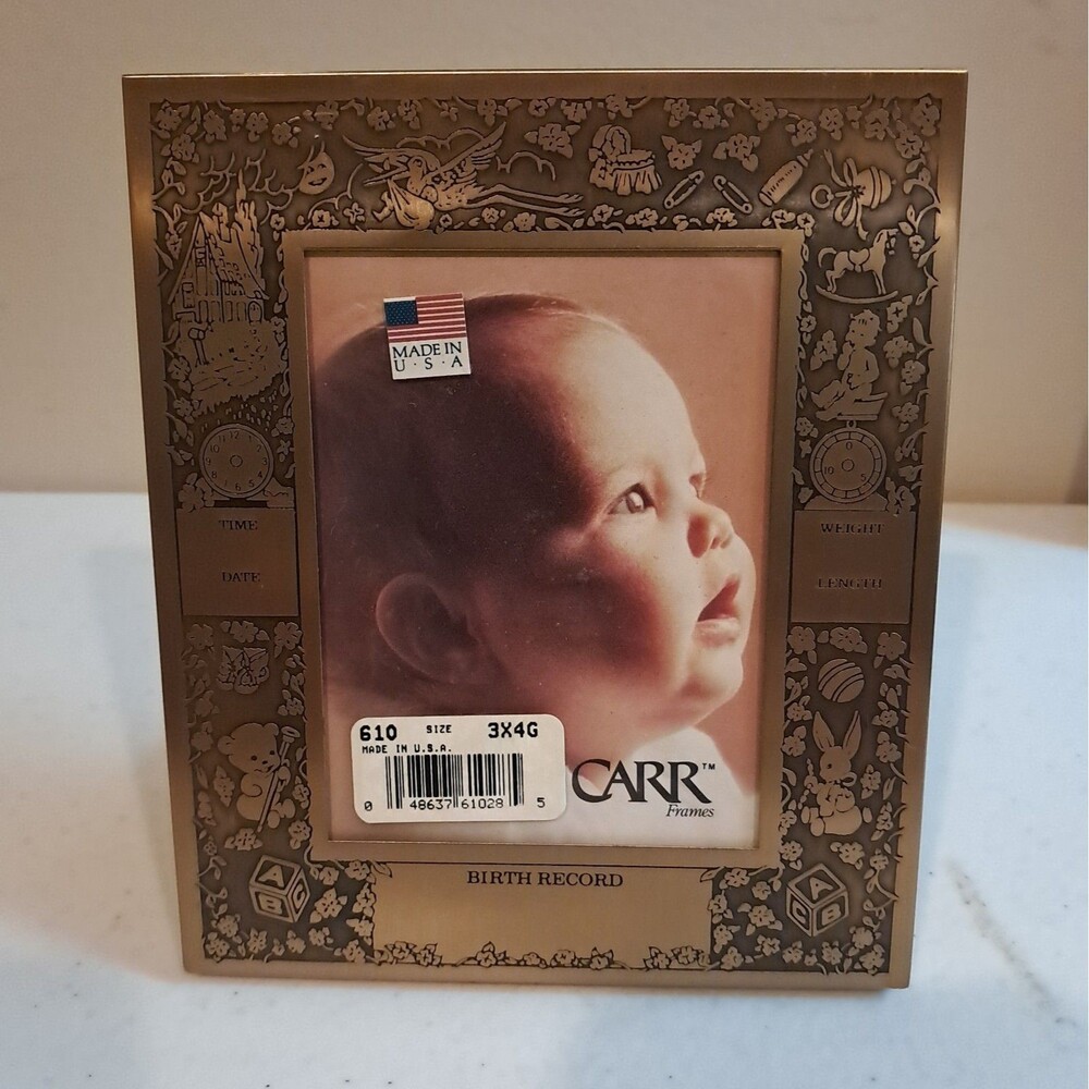 Carr Baby Birth Record Brass Photo Frame to Engrave 3x4 Photo  New Parents Vtg